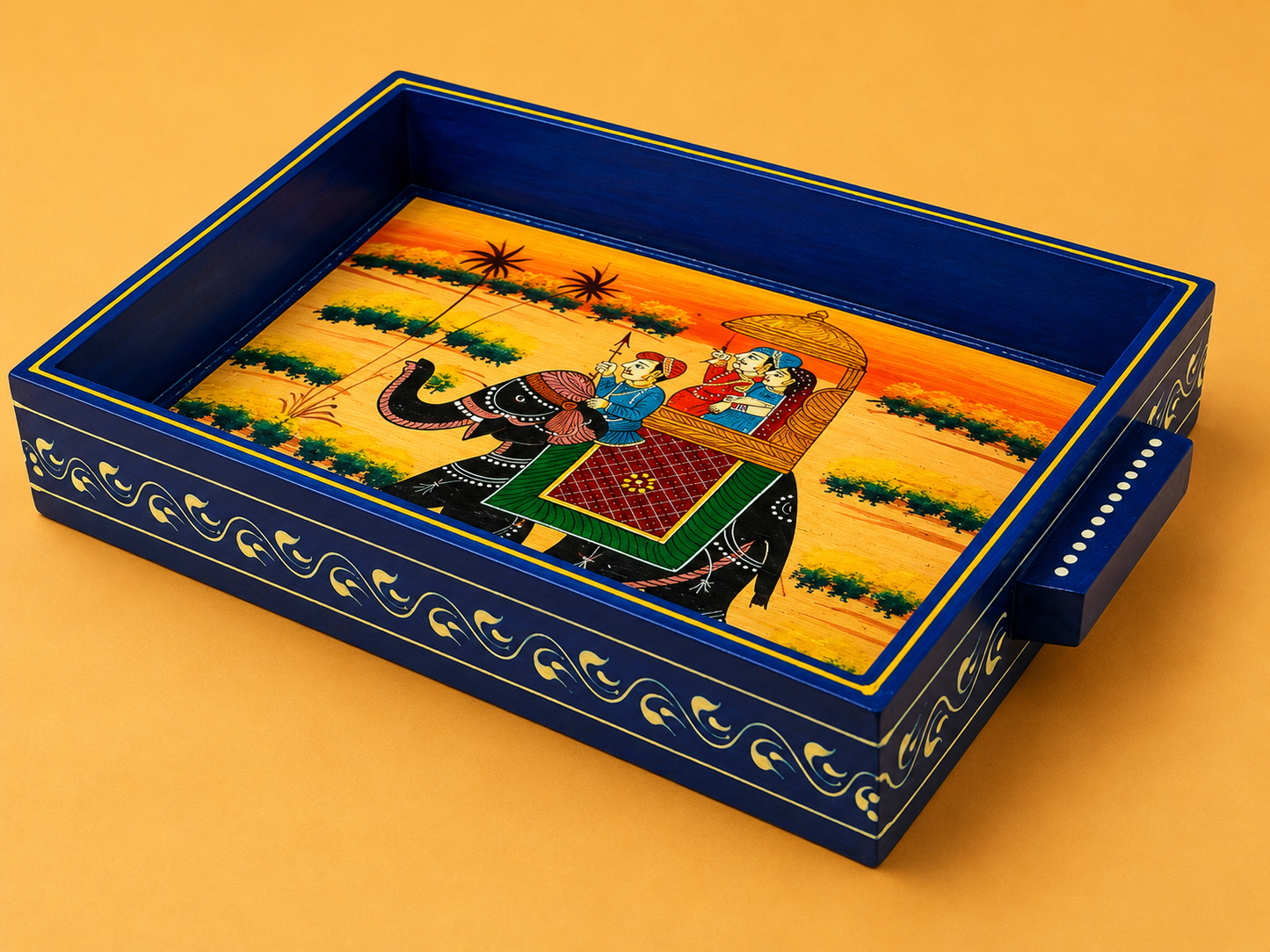 Hand-Painted Wooden Tray Set of 2 – Blue Elephant Procession Serving Trays