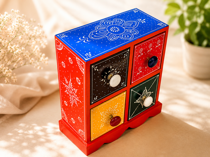 Hand-Painted Wooden 4-Drawer Jewelry Chest – Indian Folk Art Organizer
