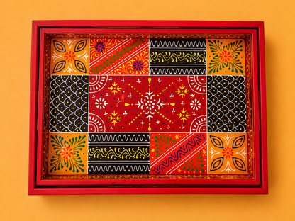 Hand-Painted Wooden Tray Set of 2 – Red Folk Art Decorative Serving Trays