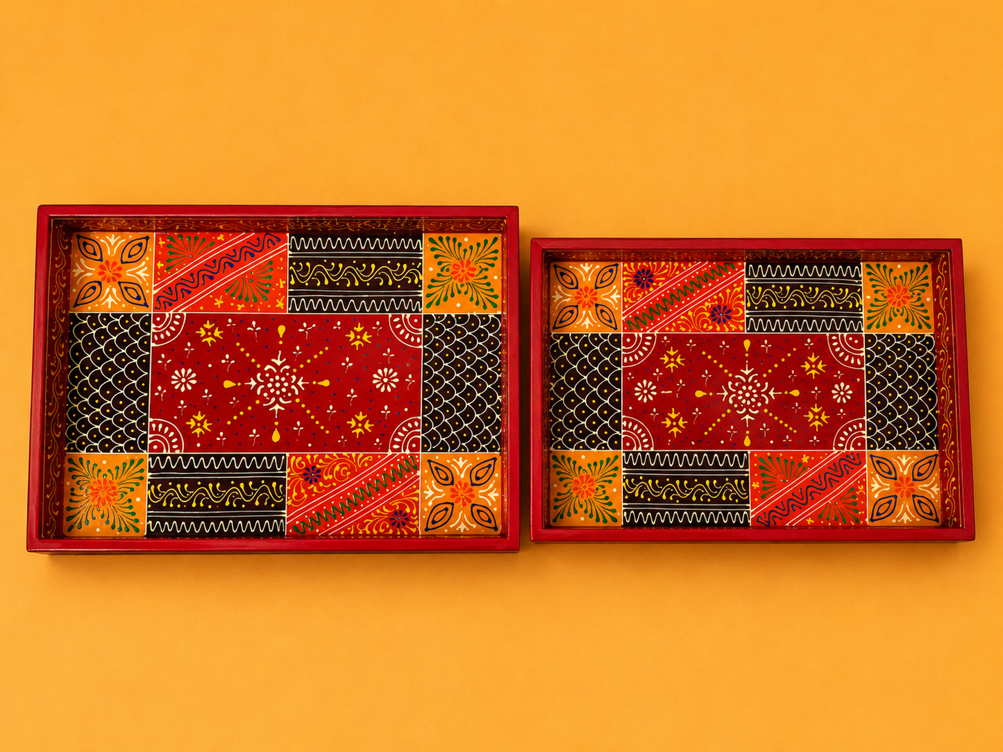 Hand-Painted Wooden Tray Set of 2 – Red Folk Art Decorative Serving Trays