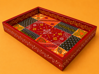 Hand-Painted Wooden Tray Set of 2 – Red Folk Art Decorative Serving Trays