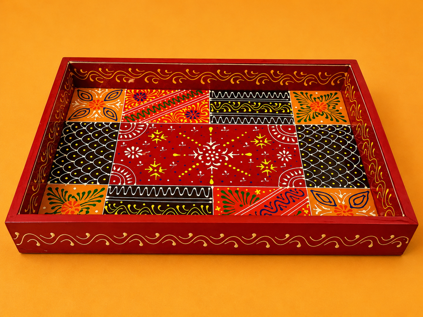 Hand-Painted Wooden Tray Set of 2 – Red Folk Art Decorative Serving Trays