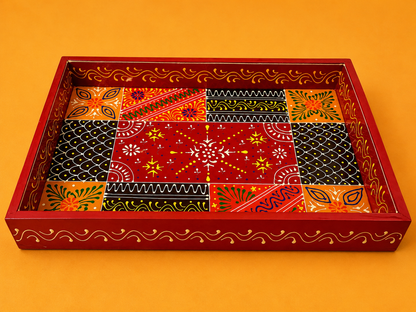 Hand-Painted Wooden Tray Set of 2 – Red Folk Art Decorative Serving Trays