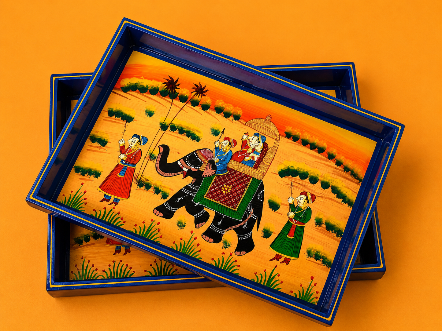 Hand-Painted Wooden Tray Set of 2 – Blue Elephant Procession Serving Trays