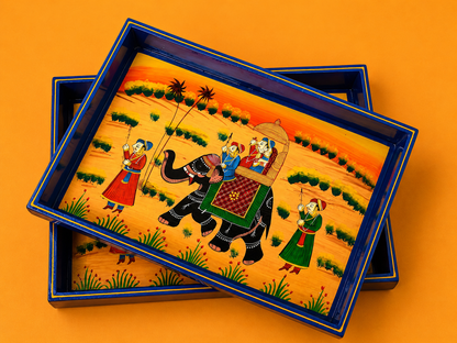 Hand-Painted Wooden Tray Set of 2 – Blue Elephant Procession Serving Trays