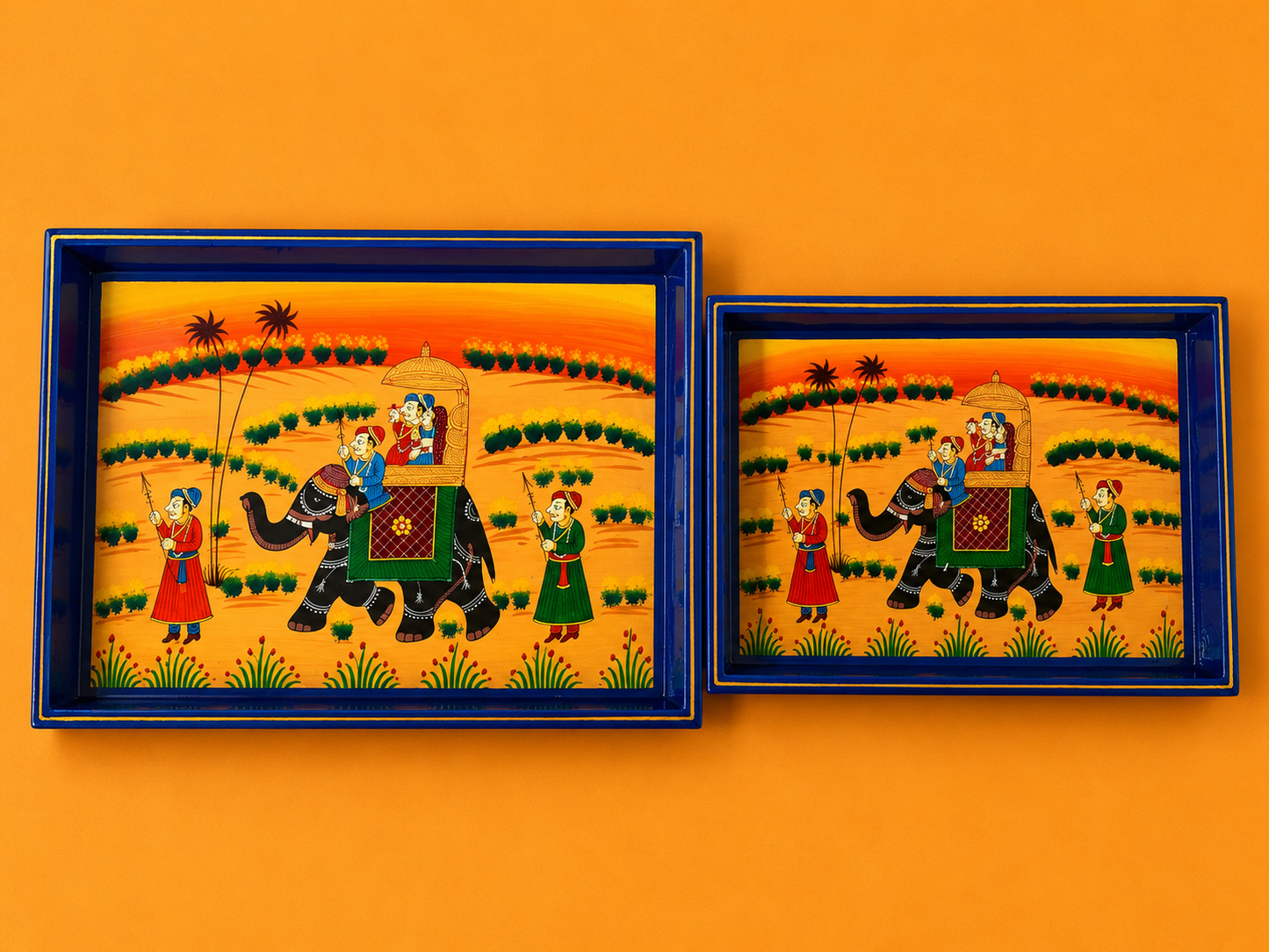 Hand-Painted Wooden Tray Set of 2 – Blue Elephant Procession Serving Trays
