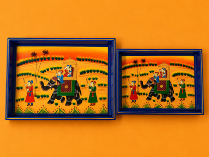 Hand-Painted Wooden Tray Set of 2 – Blue Elephant Procession Serving Trays
