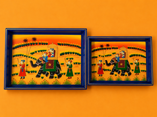 Hand-Painted Wooden Tray Set of 2 – Blue Elephant Procession Serving Trays