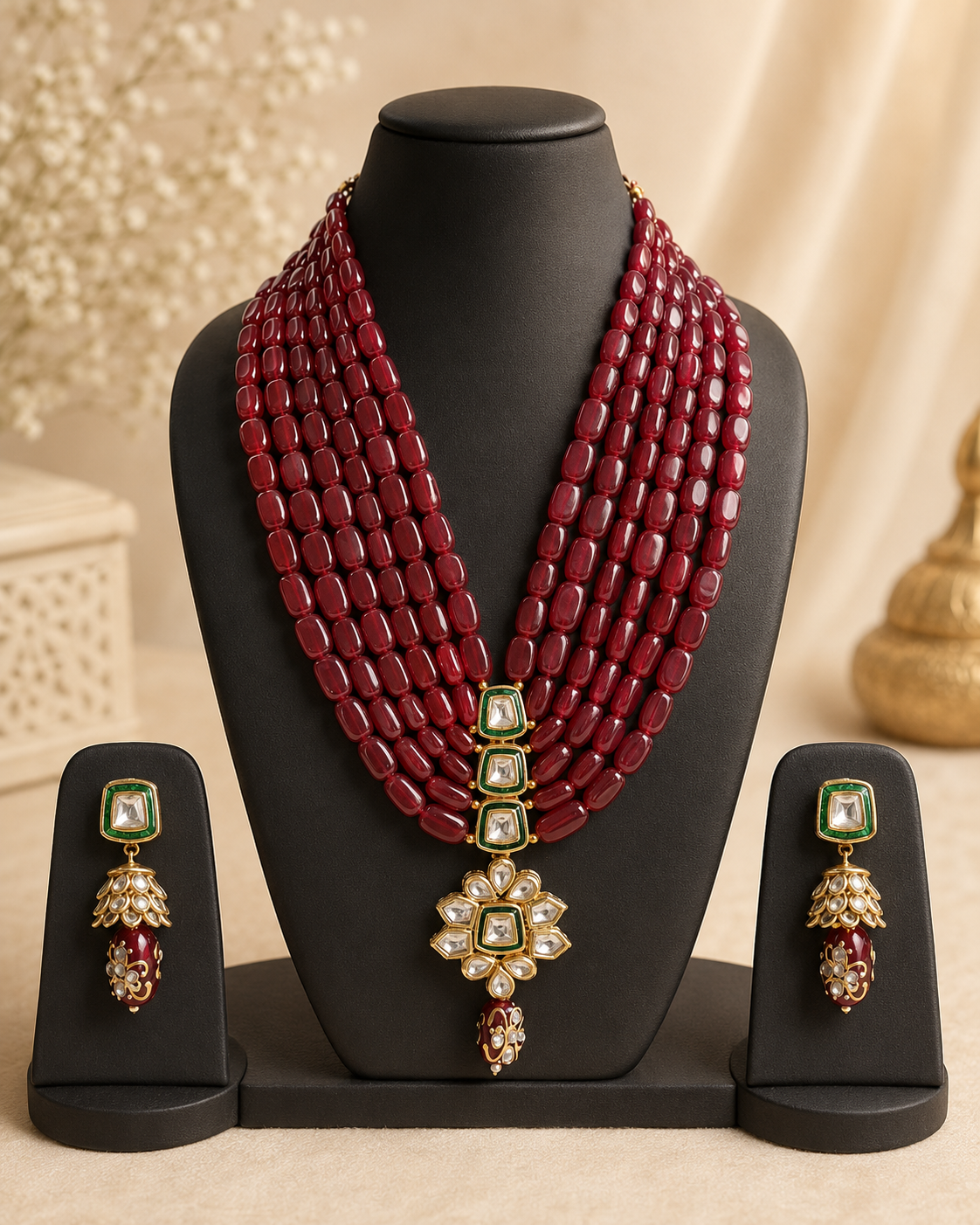 Handmade Patwa Stone Bead Jewelry Set – Rajasthani Necklace & Earrings