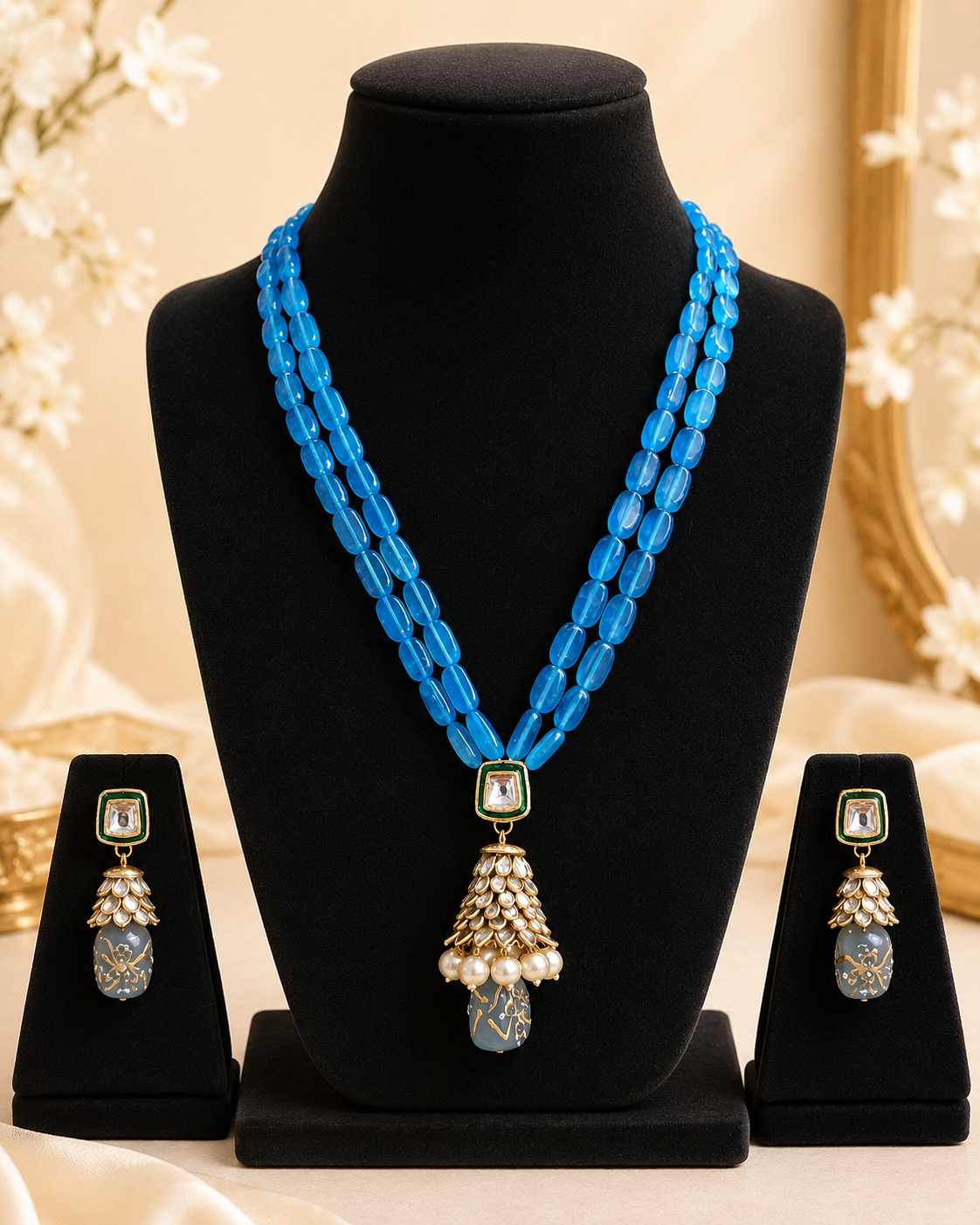 Handmade Patwa Stone Bead Jewelry Set – Indian Bell Pendant Necklace & Earrings