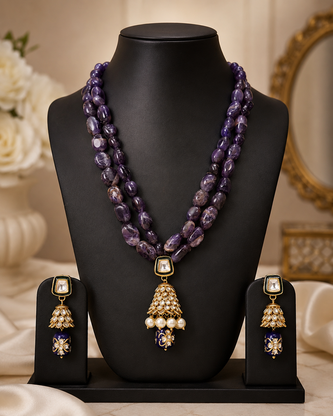 Handmade Patwa Stone Bead Jewelry Set – Indian Bell Pendant Necklace & Earrings