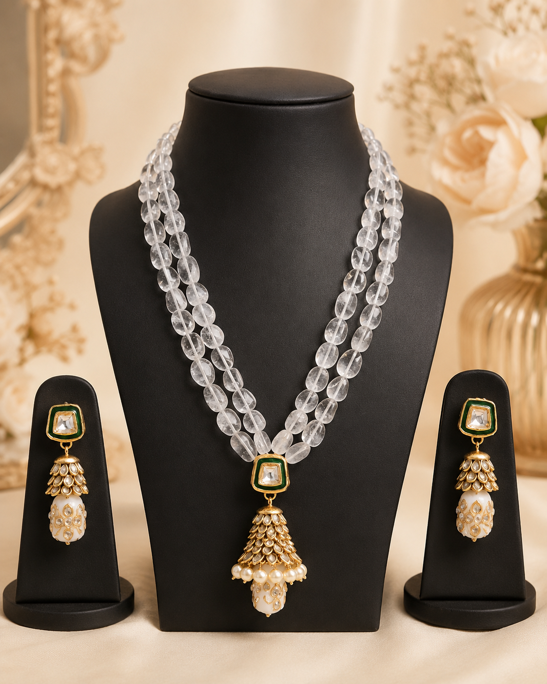 Handmade Patwa Stone Bead Jewelry Set – Indian Bell Pendant Necklace & Earrings