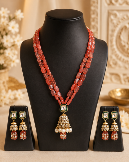 Handmade Patwa Stone Bead Jewelry Set – Indian Bell Pendant Necklace & Earrings