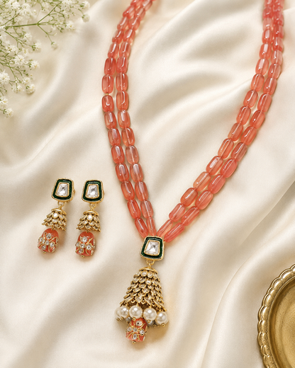 Handmade Patwa Stone Bead Jewelry Set – Indian Bell Pendant Necklace & Earrings