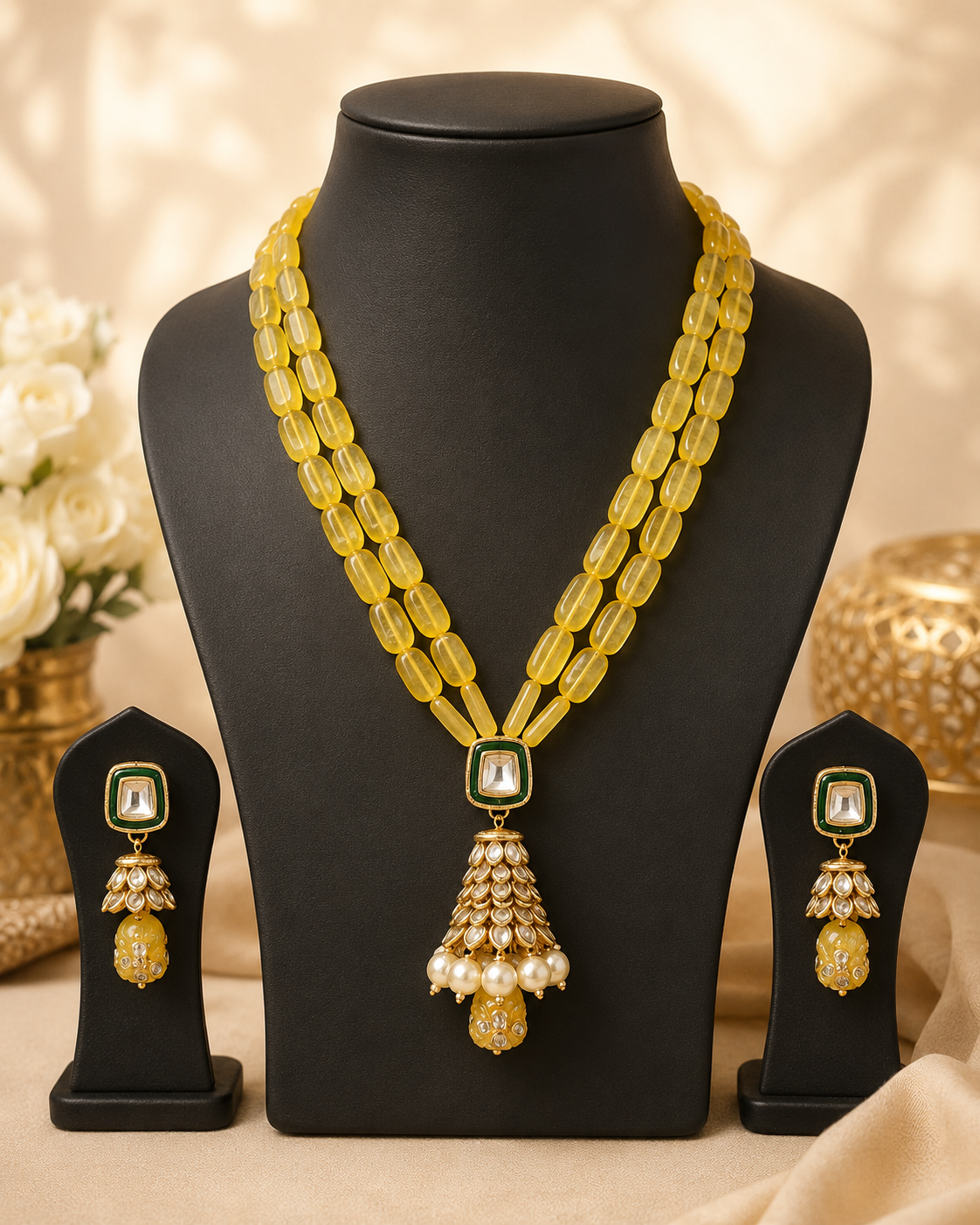 Handmade Patwa Stone Bead Jewelry Set – Indian Bell Pendant Necklace & Earrings