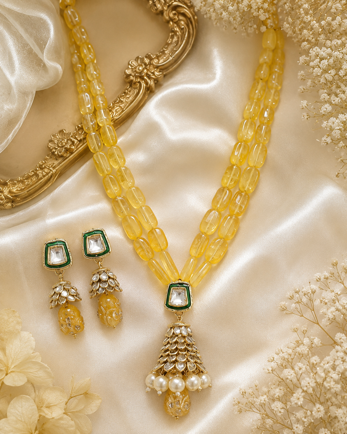 Handmade Patwa Stone Bead Jewelry Set – Indian Bell Pendant Necklace & Earrings