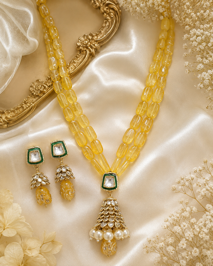 Handmade Patwa Stone Bead Jewelry Set – Indian Bell Pendant Necklace & Earrings