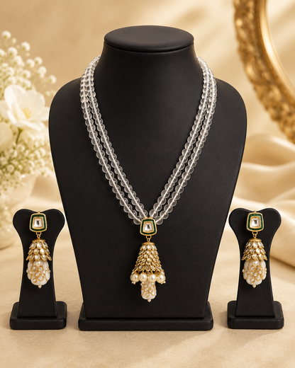 Handmade Patwa Stone Bead Jewelry Set – Indian Bell Pendant Necklace & Earrings