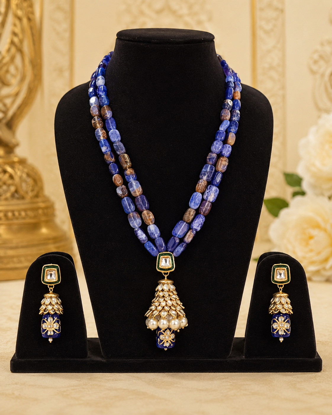 Handmade Patwa Stone Bead Jewelry Set – Indian Bell Pendant Necklace & Earrings