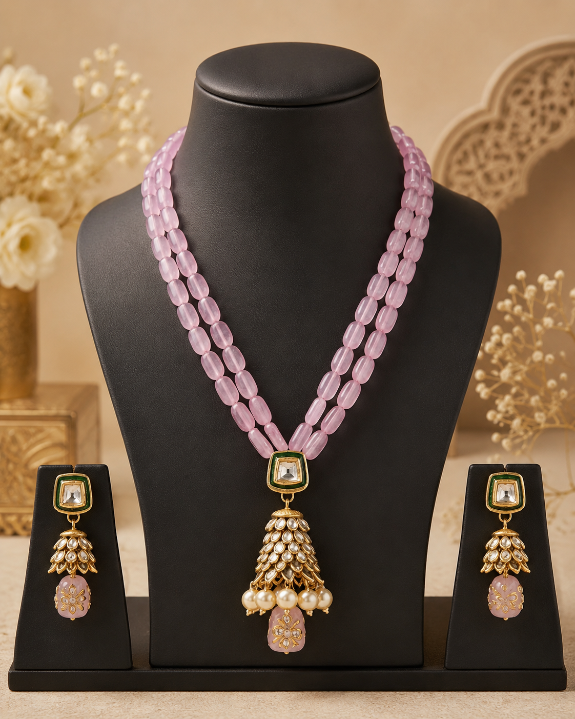 Alabaster Jewelry Box & Handmade Patwa Jewelry Gift Set – Pink
