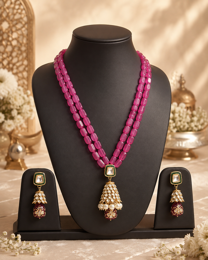 Handmade Patwa Stone Bead Jewelry Set – Indian Bell Pendant Necklace & Earrings
