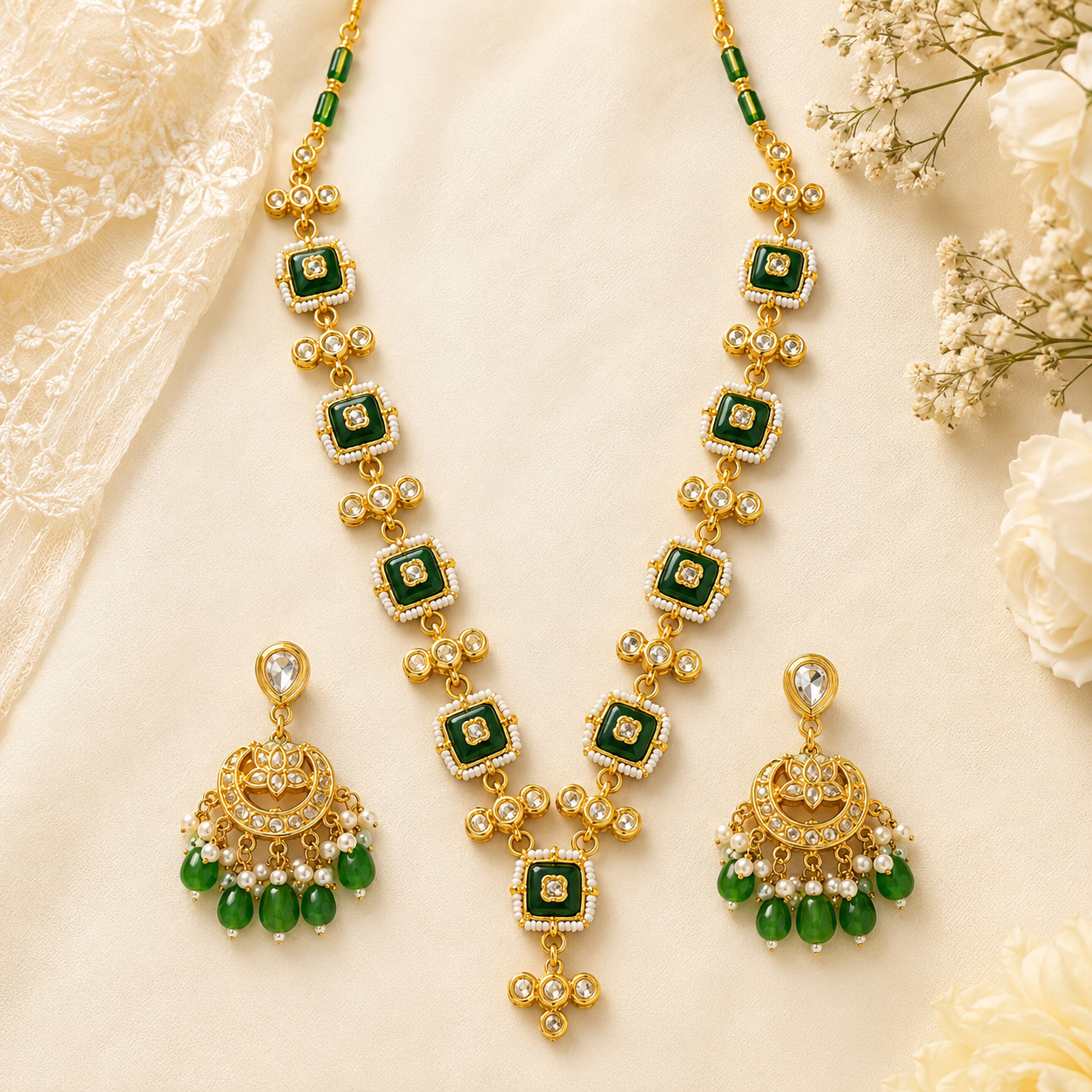 Emerald Green Indian Statement Necklace Set with Earrings