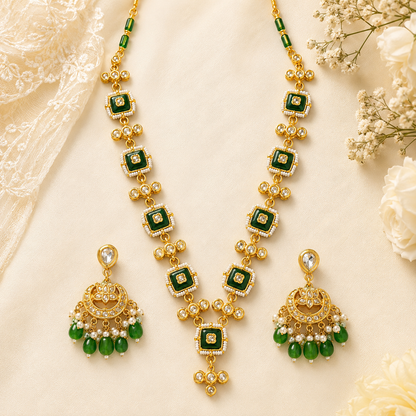 Emerald Green Indian Statement Necklace Set with Earrings