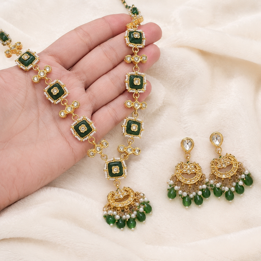 Emerald Green Indian Statement Necklace Set with Earrings