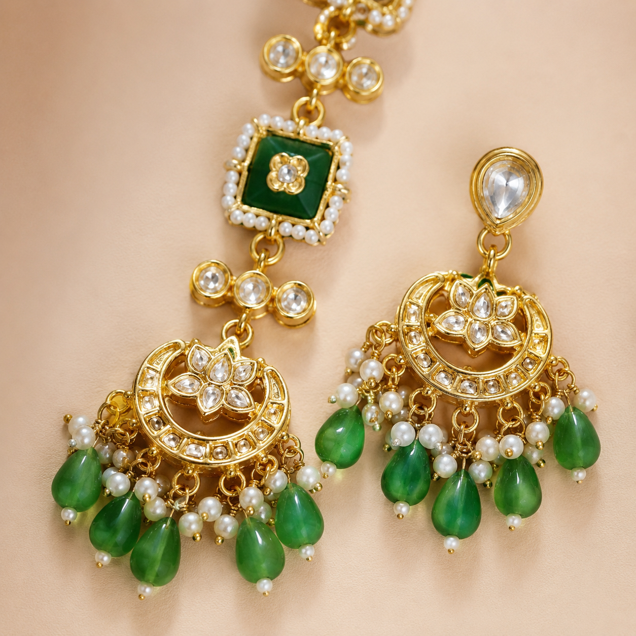 Emerald Green Indian Statement Necklace Set with Earrings