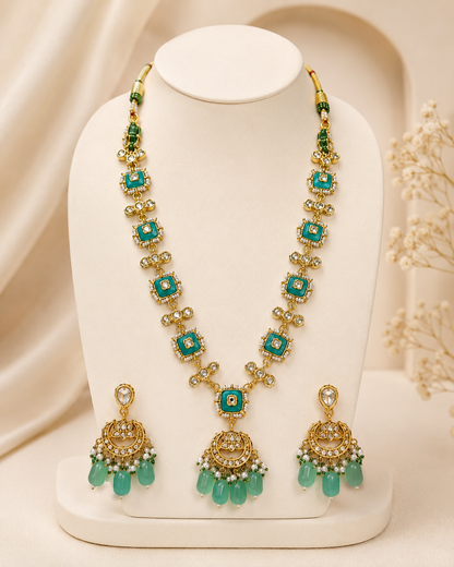 Aqua Green Kundan-Style Necklace Set with Pearl Drop Earrings