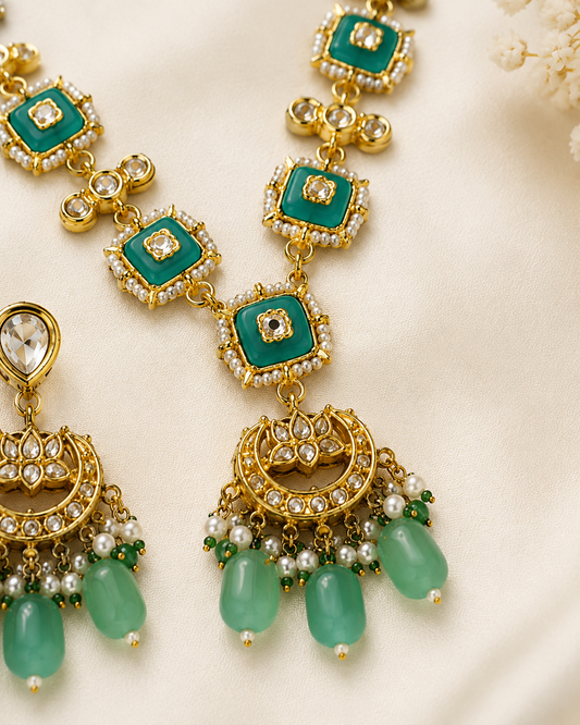 Aqua Green Kundan-Style Necklace Set with Pearl Drop Earrings