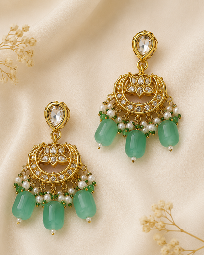 Aqua Green Kundan-Style Necklace Set with Pearl Drop Earrings