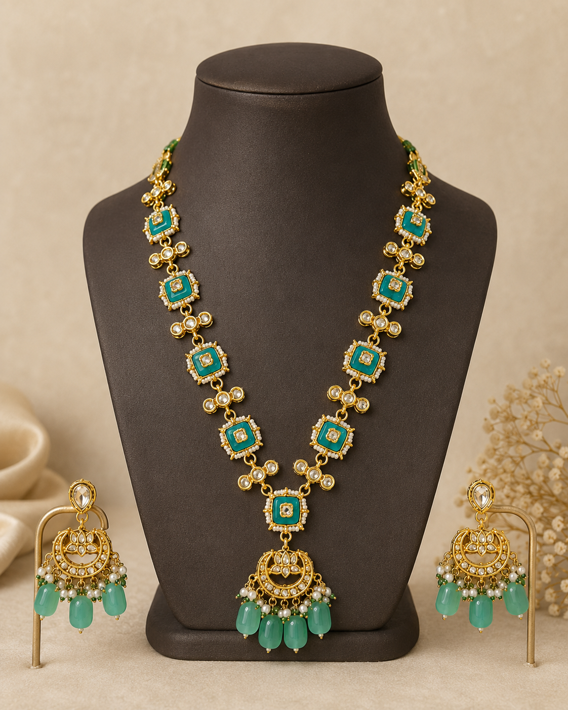 Aqua Green Kundan-Style Necklace Set with Pearl Drop Earrings