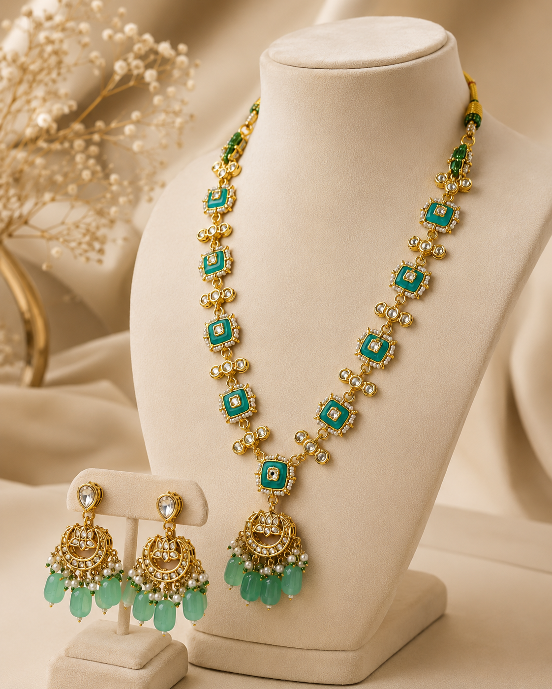 Aqua Green Kundan-Style Necklace Set with Pearl Drop Earrings