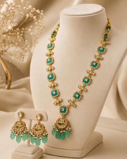 Aqua Green Kundan-Style Necklace Set with Pearl Drop Earrings