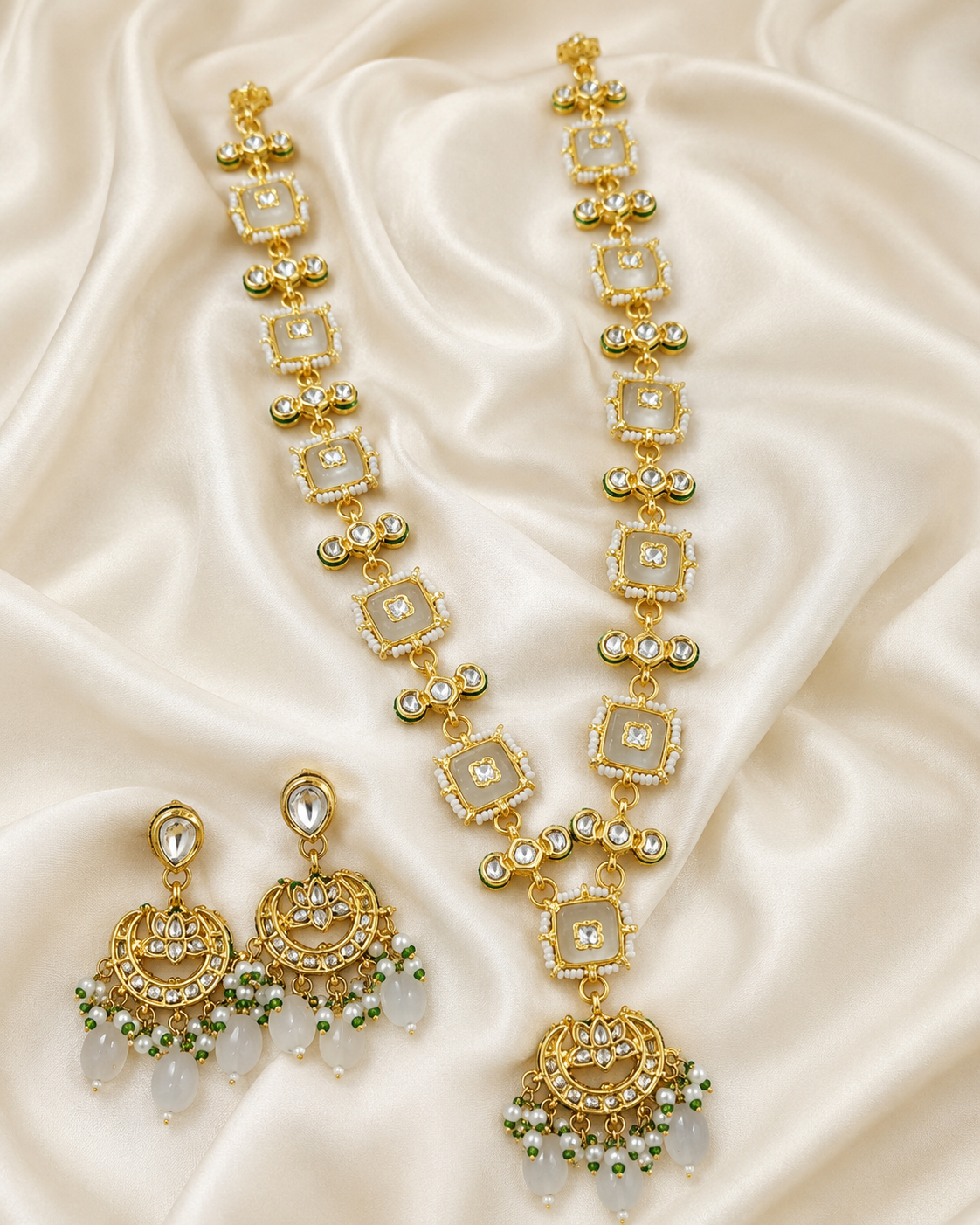 Ivory White Kundan-Style Necklace Set with Pearl Drop Earrings