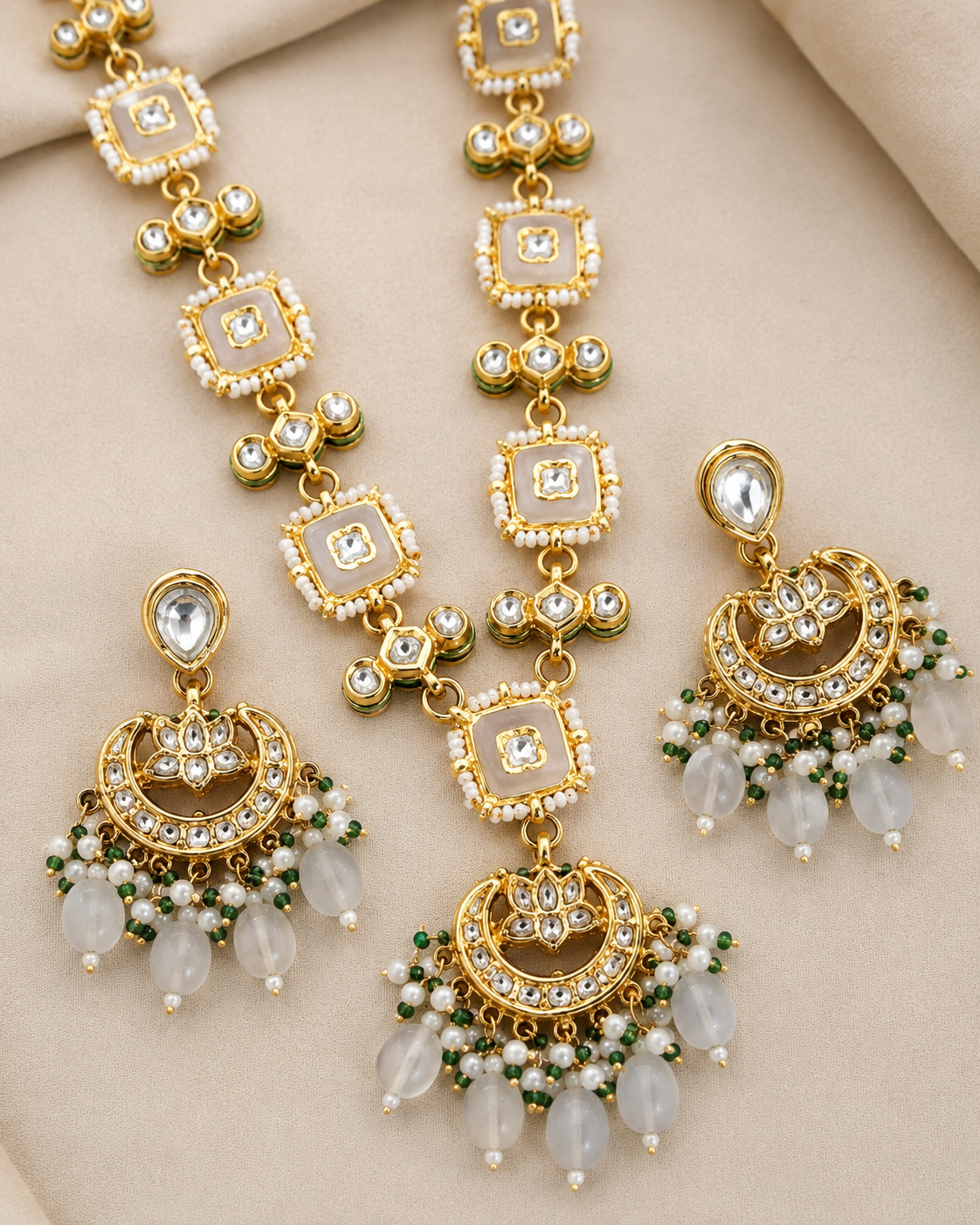 Ivory White Kundan-Style Necklace Set with Pearl Drop Earrings