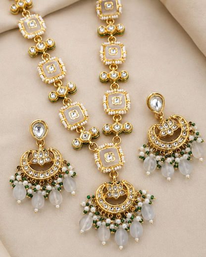 Ivory White Kundan-Style Necklace Set with Pearl Drop Earrings