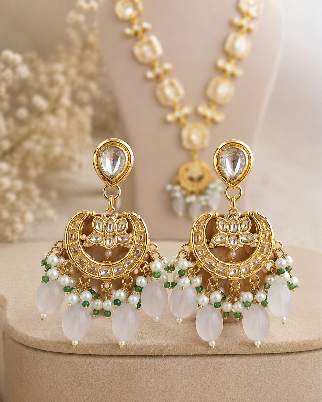 Ivory White Kundan-Style Necklace Set with Pearl Drop Earrings