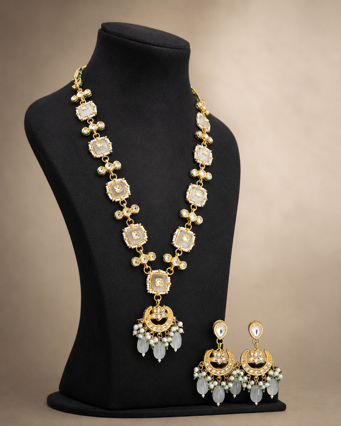 Ivory White Kundan-Style Necklace Set with Pearl Drop Earrings