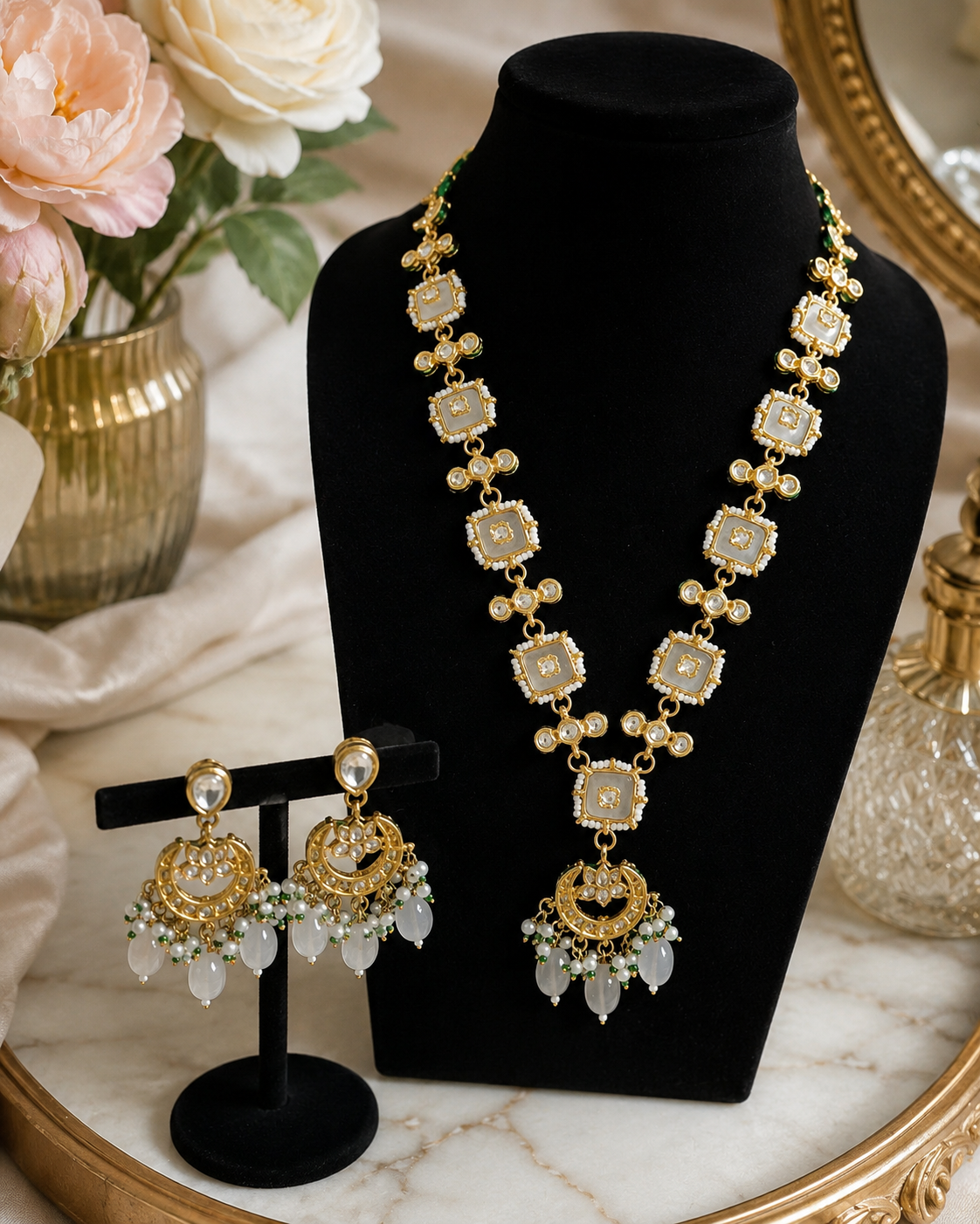 Ivory White Kundan-Style Necklace Set with Pearl Drop Earrings