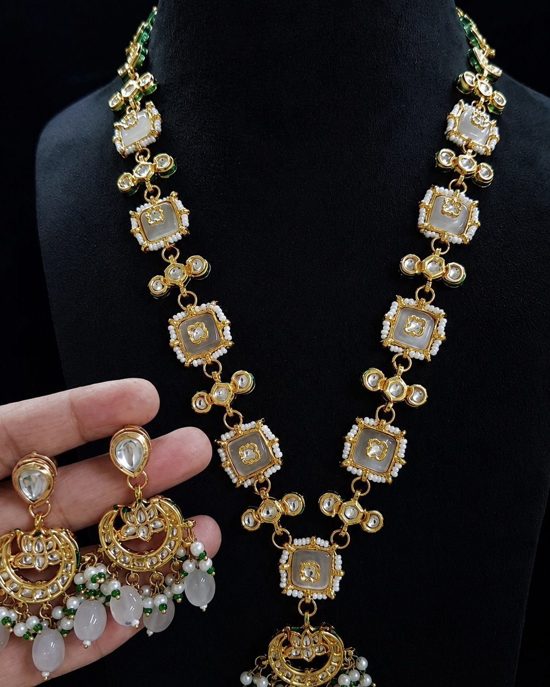 Ivory White Kundan-Style Necklace Set with Pearl Drop Earrings