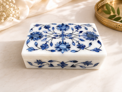 Large Handcrafted Alabaster Jewelry Box – 6×4 Blue Floral Inlay Keepsake Box