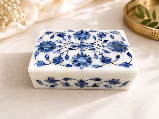 Large Handcrafted Alabaster Jewelry Box – 6×4 Blue Floral Inlay Keepsake Box