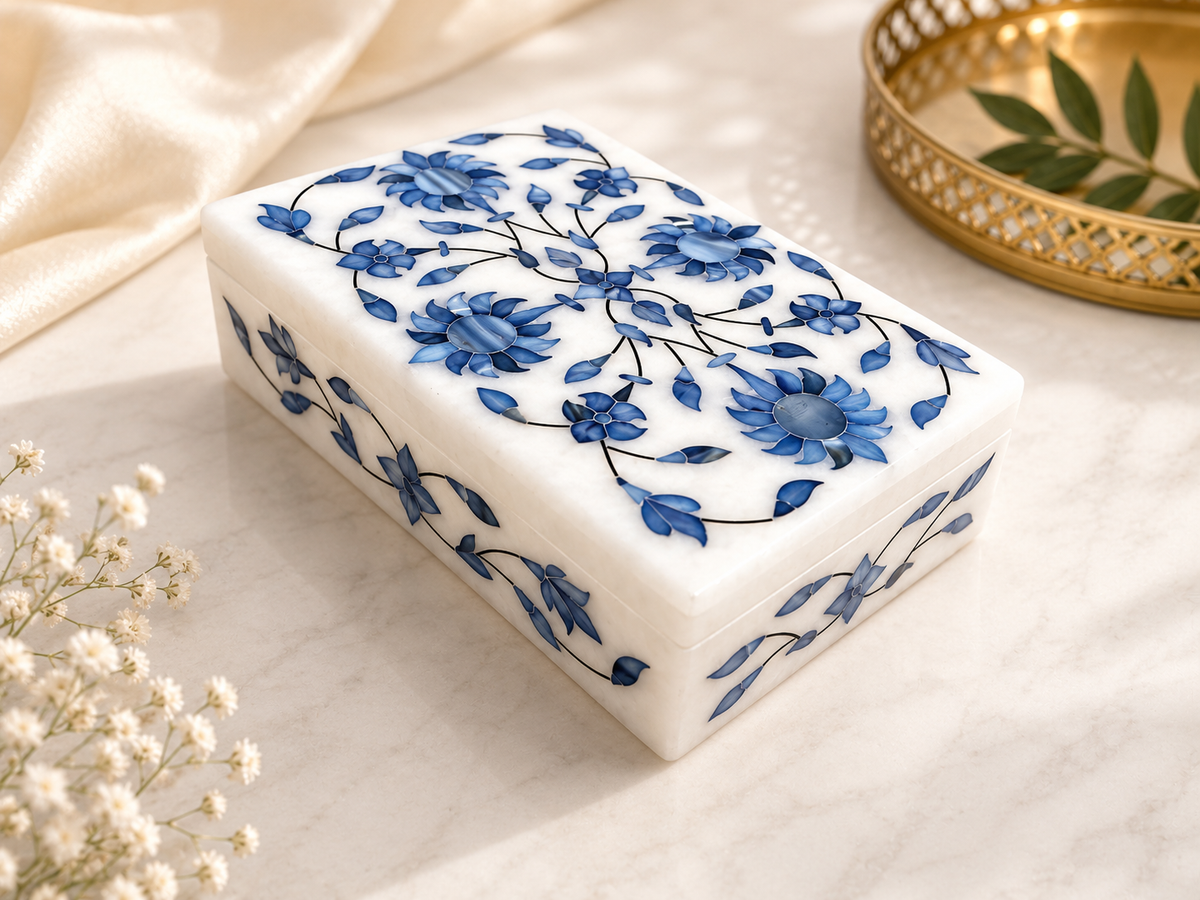 Large Handcrafted Alabaster Jewelry Box – 6×4 Blue Floral Inlay Keepsake Box