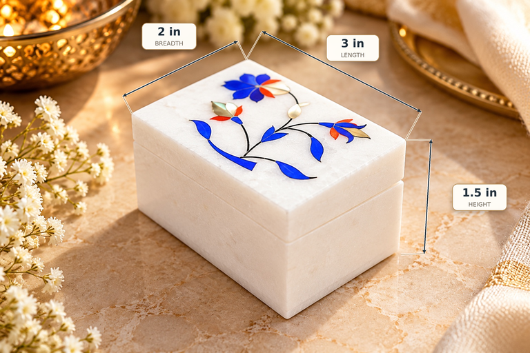 Handcrafted White Marble Jewelry Box – Blue Floral Inlay Mini Keepsake Box | 3 × 2 Inch