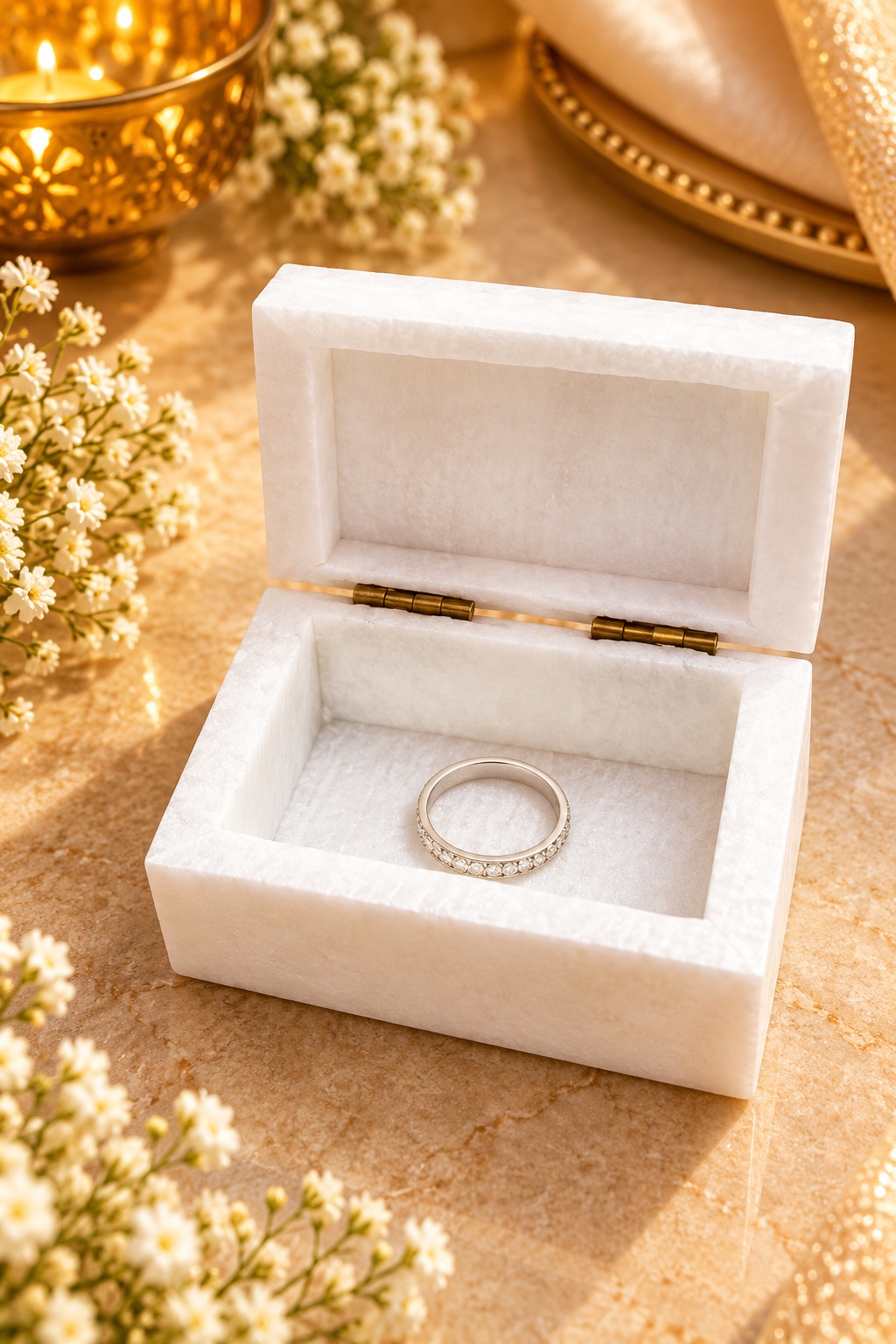 Handcrafted White Marble Jewelry Box – Blue Floral Inlay Mini Keepsake Box | 3 × 2 Inch