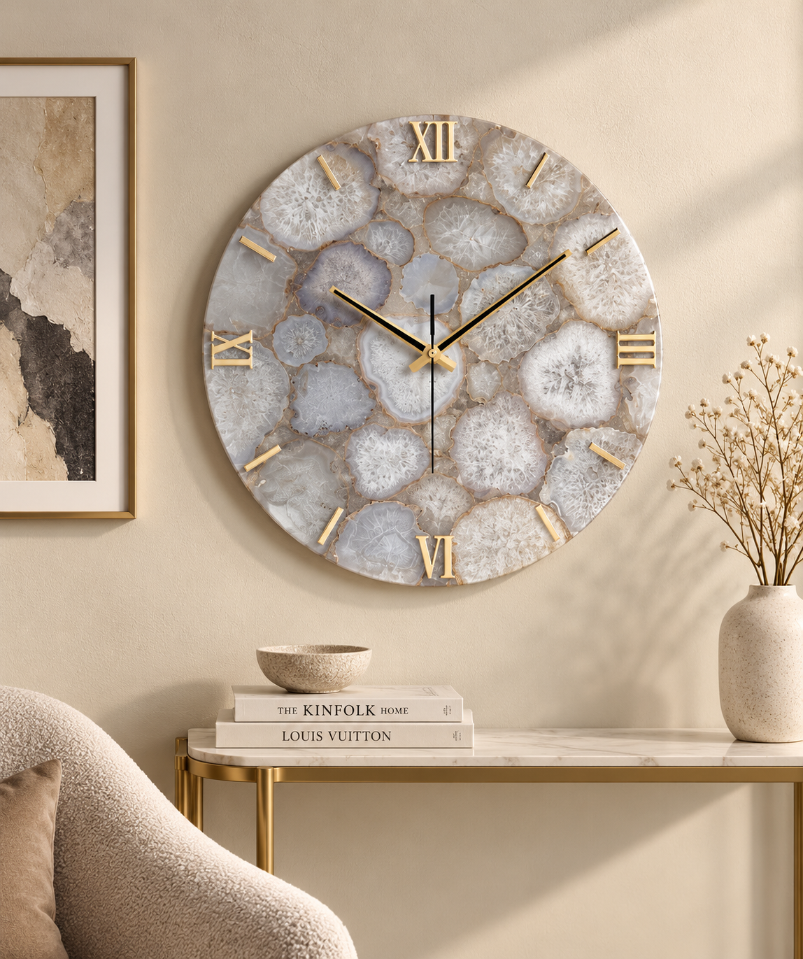 Handcrafted White Quartz Gemstone Wall Clock – 16 Inch Luxury Natural Stone Wall Décor
