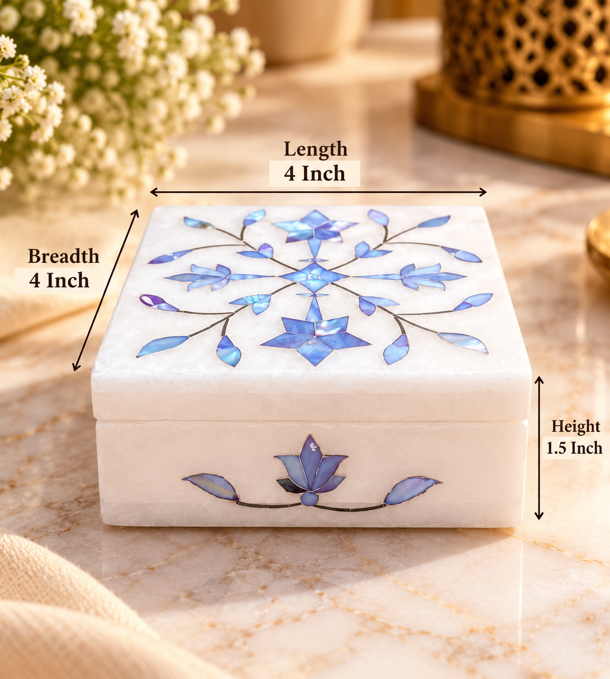 Handcrafted Alabaster Jewelry Box – Blue Floral Inlay | 4×4 Inch Luxury Keepsake Box