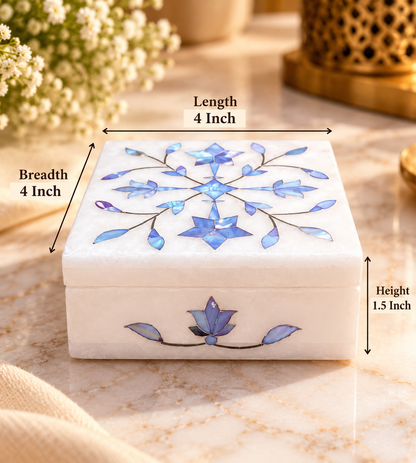 Handcrafted Alabaster Jewelry Box – Blue Floral Inlay | 4×4 Inch Luxury Keepsake Box
